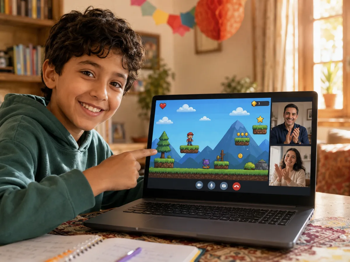Enfant qui présente son jeu en visio à ses parents