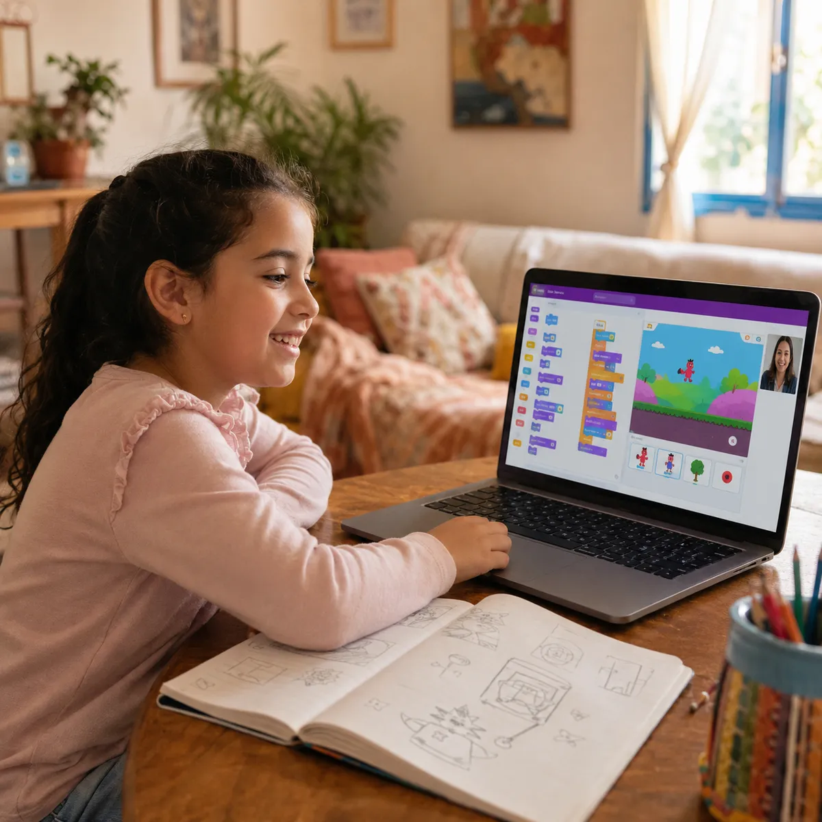 Enfant qui code un jeu en visio depuis la maison